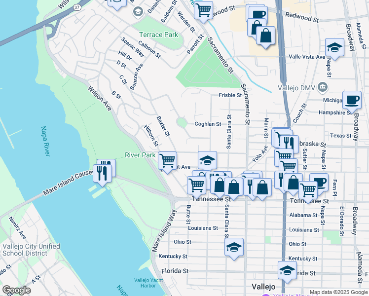 map of restaurants, bars, coffee shops, grocery stores, and more near 522 Hichborn Street in Vallejo