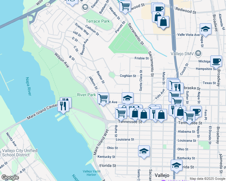 map of restaurants, bars, coffee shops, grocery stores, and more near 516 Hichborn Street in Vallejo