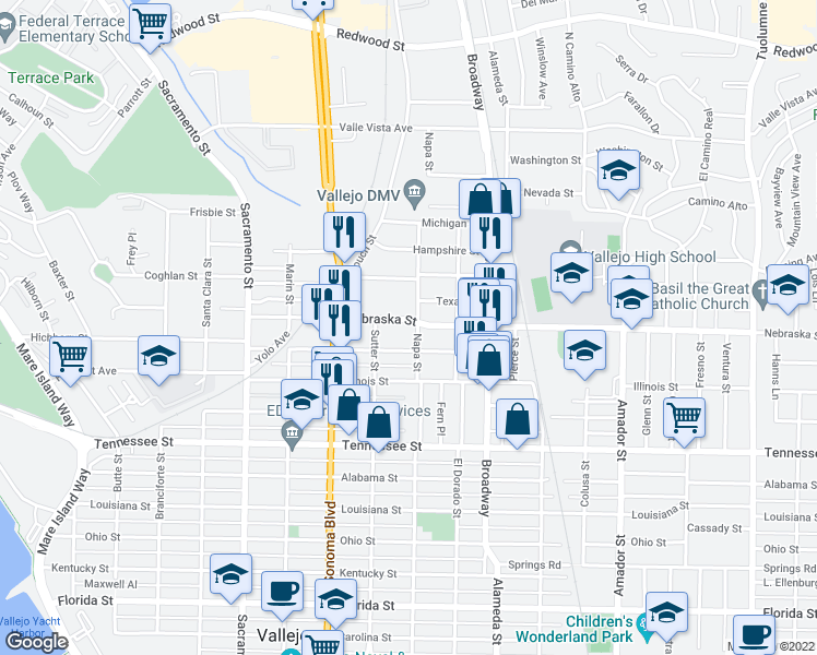 map of restaurants, bars, coffee shops, grocery stores, and more near 445 Nebraska Street in Vallejo
