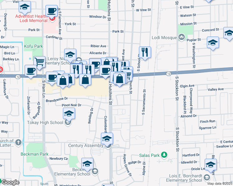 map of restaurants, bars, coffee shops, grocery stores, and more near 333 Layland Drive in Lodi