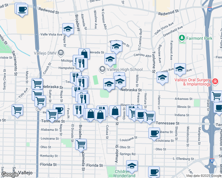 map of restaurants, bars, coffee shops, grocery stores, and more near Nebraska Street in Vallejo