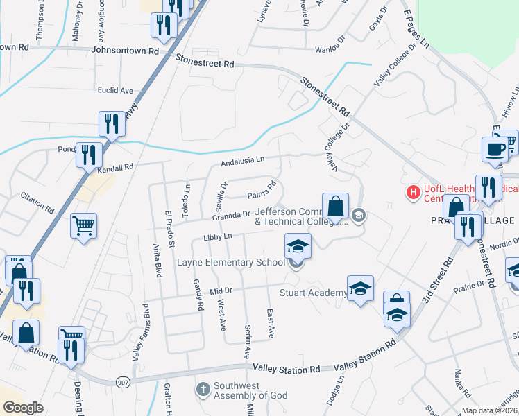 map of restaurants, bars, coffee shops, grocery stores, and more near 4716 Granada Drive in Louisville