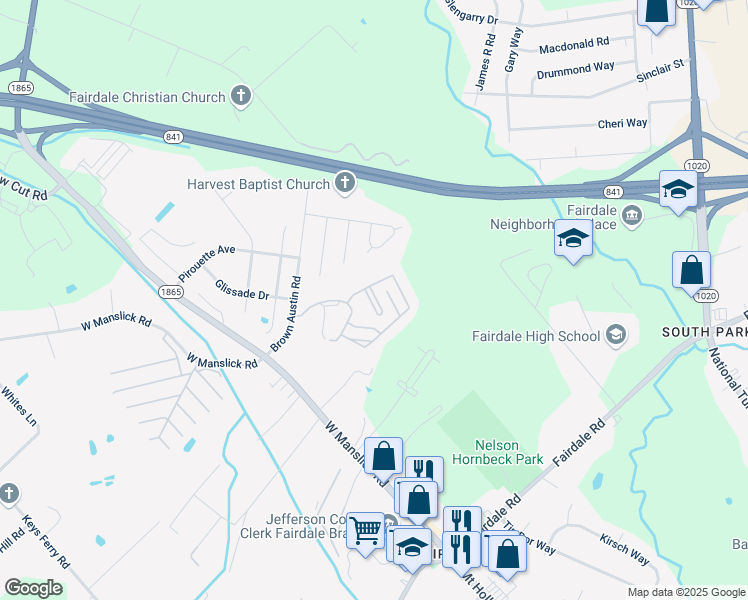 map of restaurants, bars, coffee shops, grocery stores, and more near 9415 Brown Austin Road in Louisville