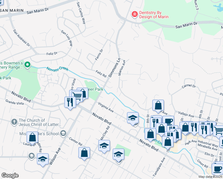 map of restaurants, bars, coffee shops, grocery stores, and more near 8 Kristin Lane in Novato