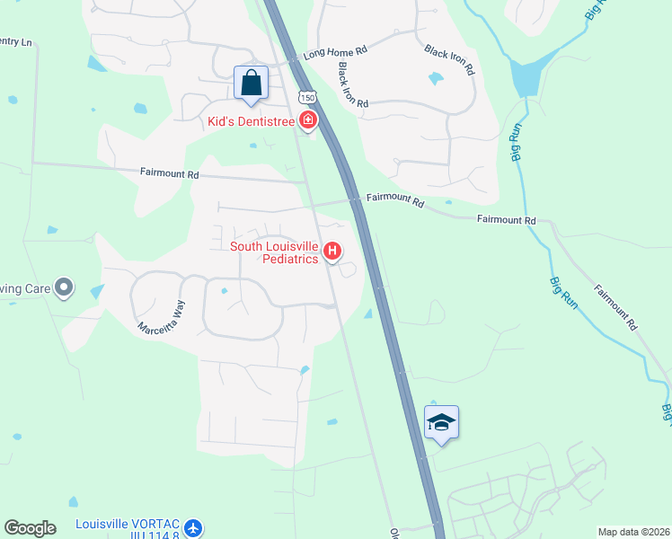 map of restaurants, bars, coffee shops, grocery stores, and more near 11238 Professional Park Drive in Louisville