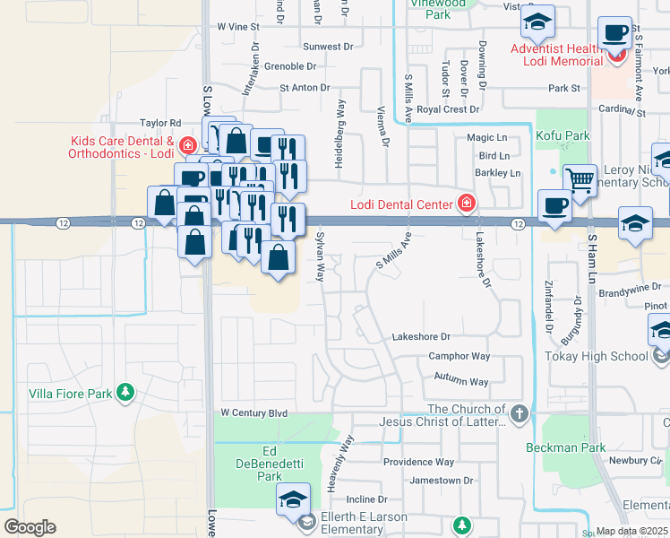 map of restaurants, bars, coffee shops, grocery stores, and more near 1516 Sylvan Way in Lodi