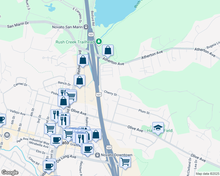 map of restaurants, bars, coffee shops, grocery stores, and more near 712 Cherry Street in Novato
