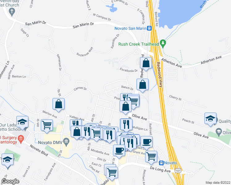 map of restaurants, bars, coffee shops, grocery stores, and more near 85 Ranch Drive in Novato
