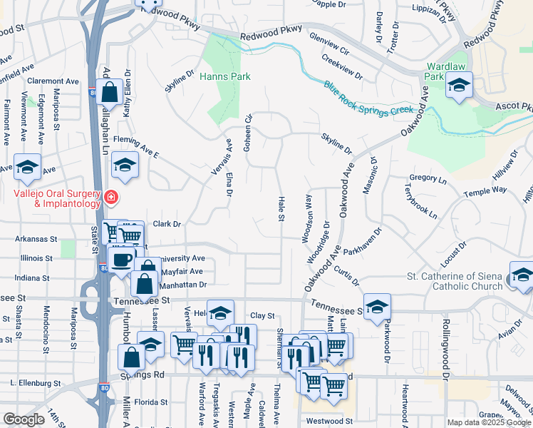 map of restaurants, bars, coffee shops, grocery stores, and more near 140 Sylvia Court in Vallejo