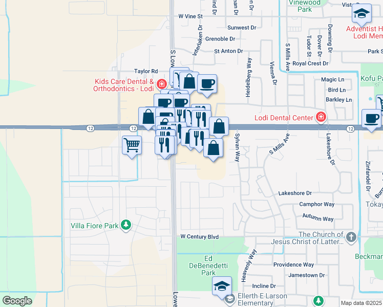 map of restaurants, bars, coffee shops, grocery stores, and more near 2422 West Kettleman Lane in Lodi