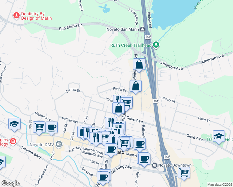 map of restaurants, bars, coffee shops, grocery stores, and more near 29 Ranch Drive in Novato
