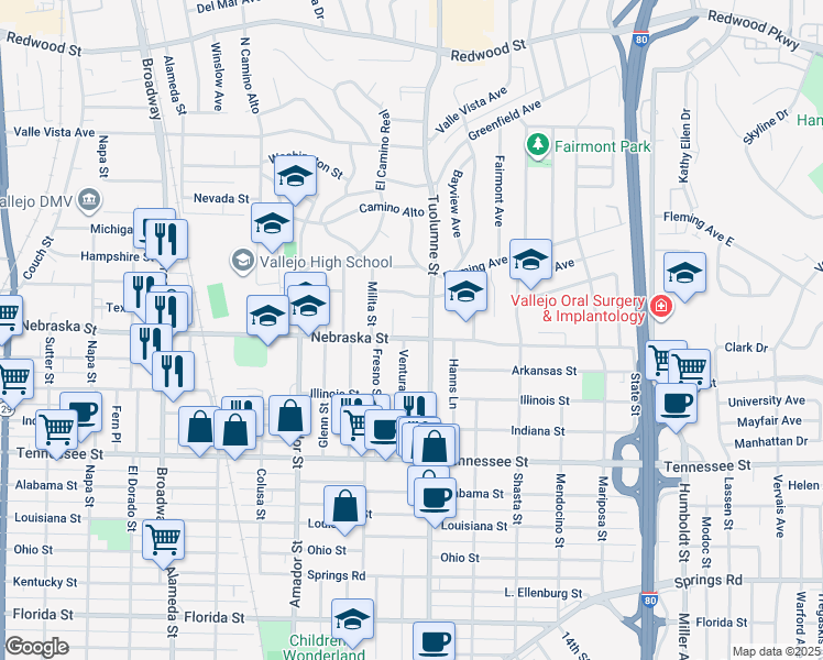 map of restaurants, bars, coffee shops, grocery stores, and more near 1148 Nebraska Street in Vallejo