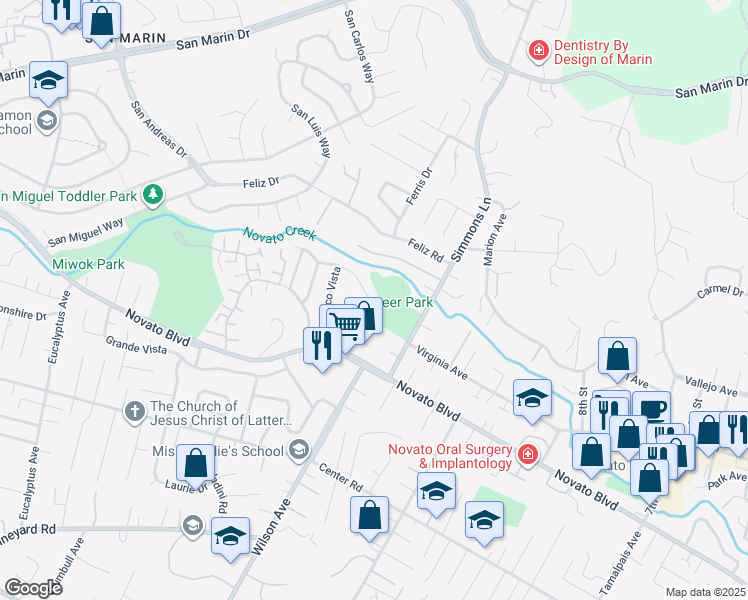 map of restaurants, bars, coffee shops, grocery stores, and more near 1007 Simmons Lane in Novato