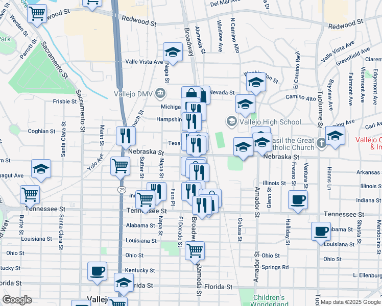 map of restaurants, bars, coffee shops, grocery stores, and more near 640 Broadway in Vallejo