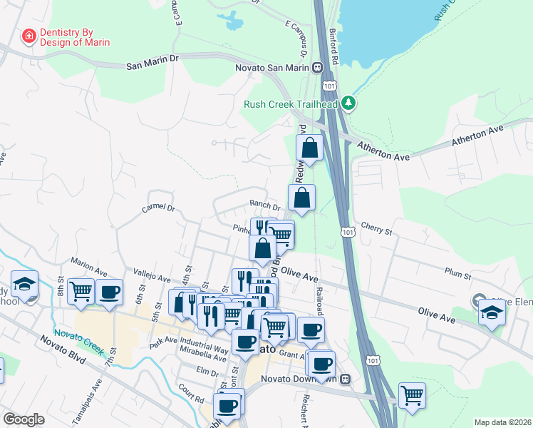 map of restaurants, bars, coffee shops, grocery stores, and more near 29 Ranch Drive in Novato