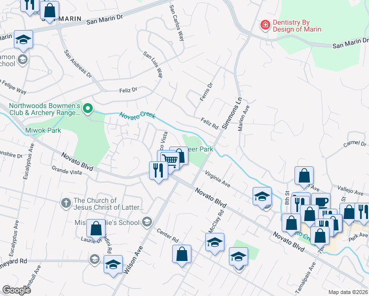 map of restaurants, bars, coffee shops, grocery stores, and more near 1007 Simmons Lane in Novato