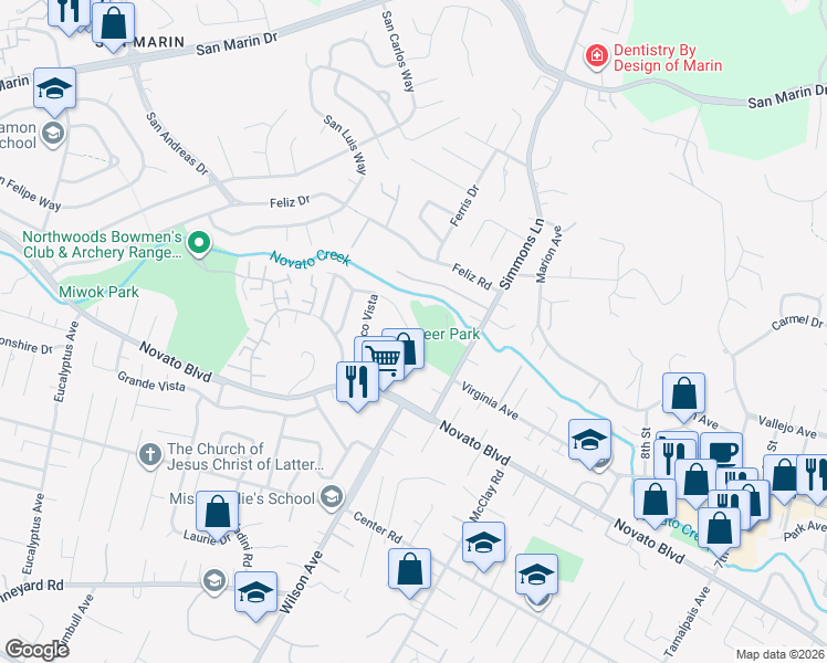 map of restaurants, bars, coffee shops, grocery stores, and more near 1007 Simmons Lane in Novato