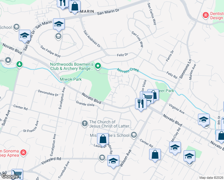 map of restaurants, bars, coffee shops, grocery stores, and more near 17 Oliva Drive in Novato
