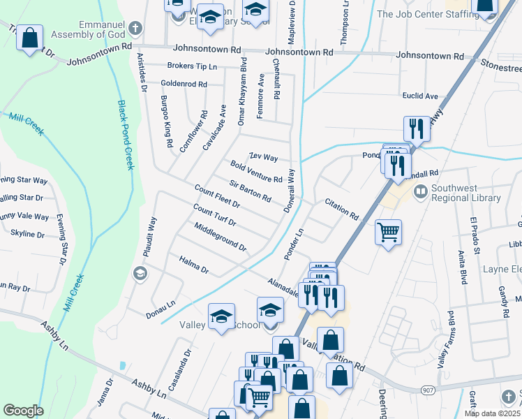 map of restaurants, bars, coffee shops, grocery stores, and more near 5406 Count Fleet Drive in Louisville