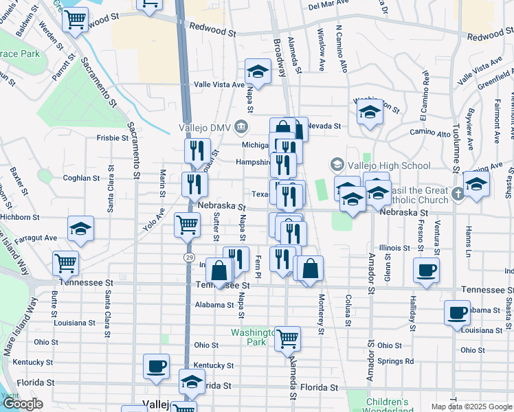 map of restaurants, bars, coffee shops, grocery stores, and more near 530 Nebraska Street in Vallejo