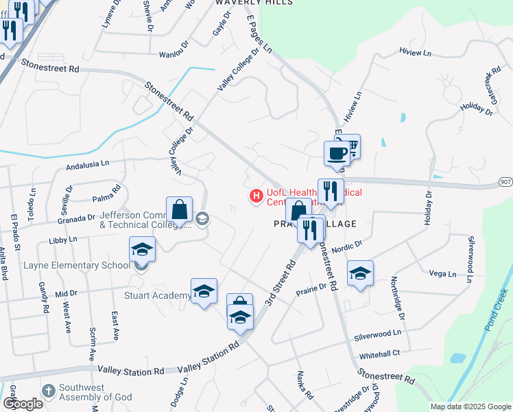 map of restaurants, bars, coffee shops, grocery stores, and more near 9700 Stonestreet Road in Louisville