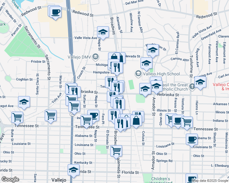 map of restaurants, bars, coffee shops, grocery stores, and more near 640 Broadway in Vallejo