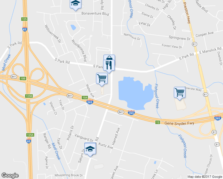 map of restaurants, bars, coffee shops, grocery stores, and more near 9302 Blue Lick Rd in Louisville