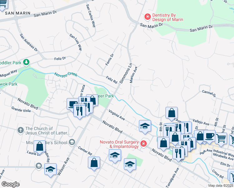 map of restaurants, bars, coffee shops, grocery stores, and more near 8 Kristin Lane in Novato