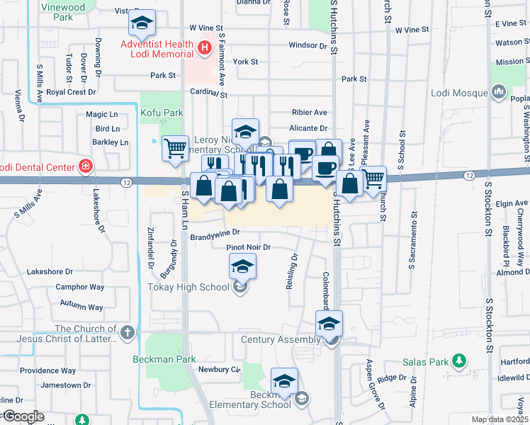 map of restaurants, bars, coffee shops, grocery stores, and more near 775 Brandywine Drive in Lodi