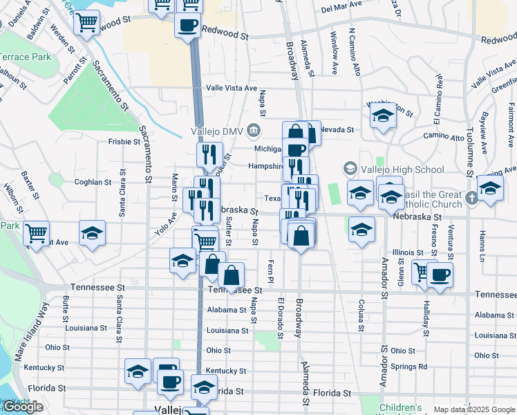 map of restaurants, bars, coffee shops, grocery stores, and more near 445 Nebraska Street in Vallejo