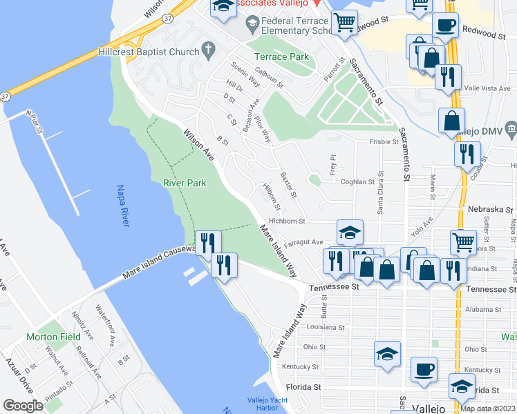 map of restaurants, bars, coffee shops, grocery stores, and more near 310 Wilson Avenue in Vallejo