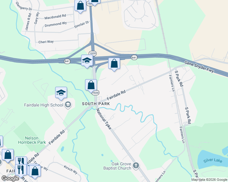 map of restaurants, bars, coffee shops, grocery stores, and more near 1200 Fairdale Road in Louisville