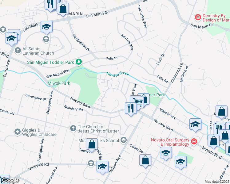 map of restaurants, bars, coffee shops, grocery stores, and more near 36D Oliva Drive in Novato
