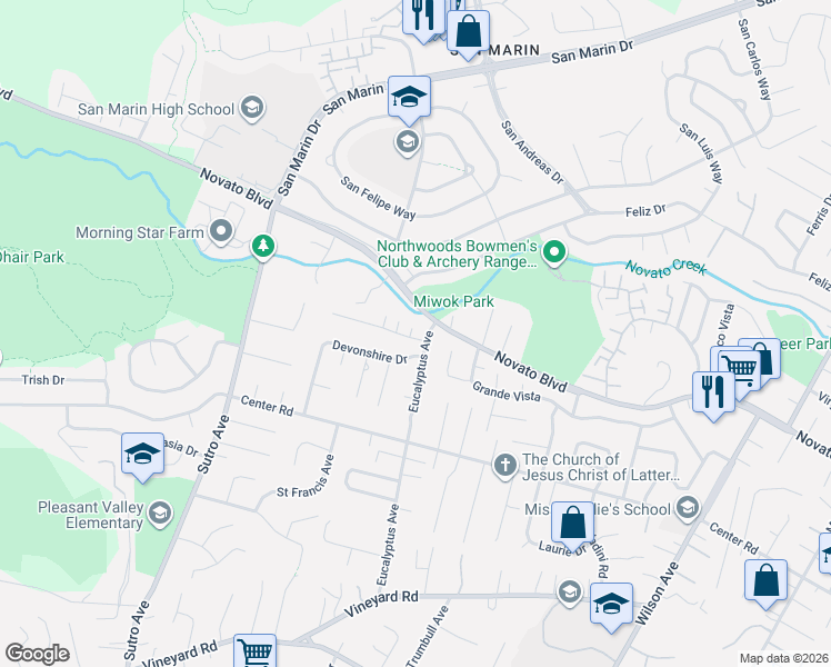 map of restaurants, bars, coffee shops, grocery stores, and more near 869 Eucalyptus Avenue in Novato