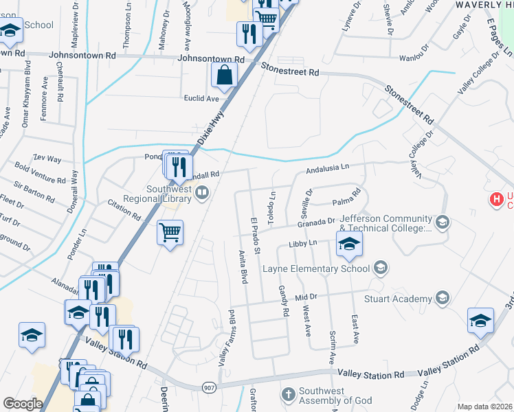 map of restaurants, bars, coffee shops, grocery stores, and more near 9619 El Prado Street in Louisville