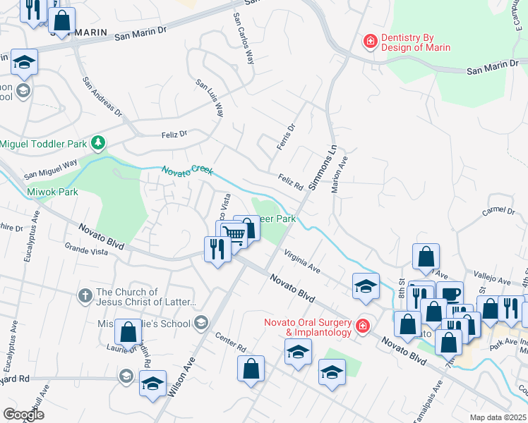map of restaurants, bars, coffee shops, grocery stores, and more near 1007 Simmons Lane in Novato
