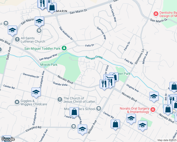 map of restaurants, bars, coffee shops, grocery stores, and more near 36D Oliva Drive in Novato