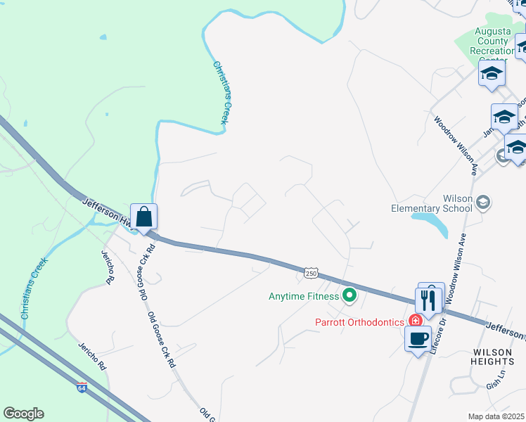 map of restaurants, bars, coffee shops, grocery stores, and more near 910 Jefferson Hwy in Staunton