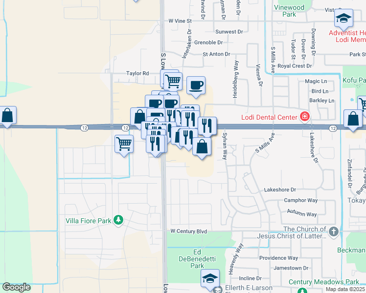 map of restaurants, bars, coffee shops, grocery stores, and more near 2422 West Kettleman Lane in Lodi