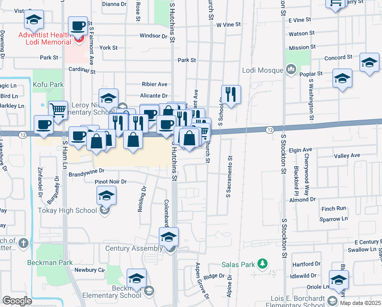 map of restaurants, bars, coffee shops, grocery stores, and more near 333 Layland Drive in Lodi