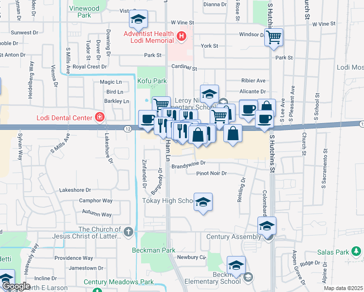 map of restaurants, bars, coffee shops, grocery stores, and more near 1206 Chianti Drive in Lodi