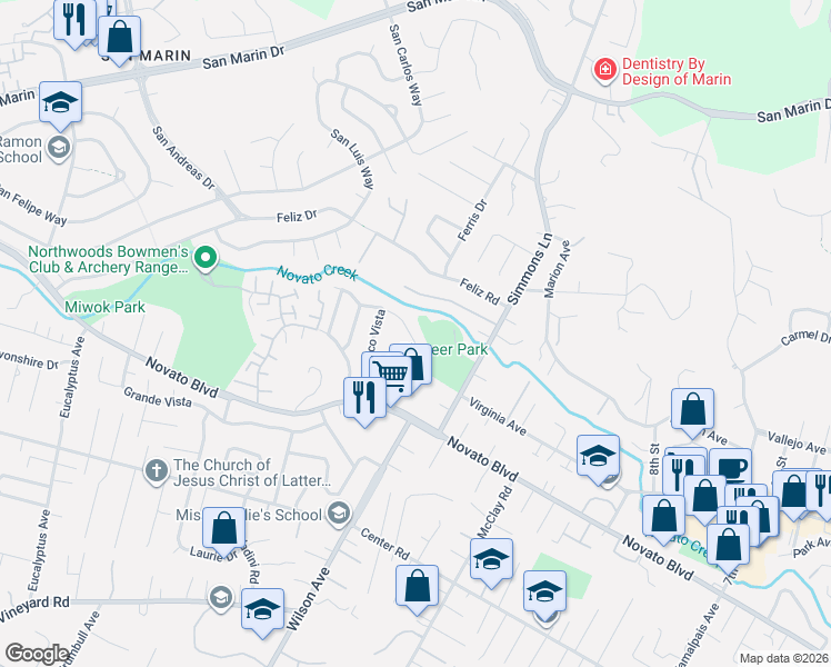 map of restaurants, bars, coffee shops, grocery stores, and more near 1007 Simmons Lane in Novato