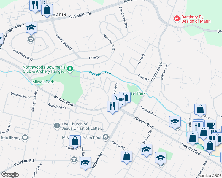 map of restaurants, bars, coffee shops, grocery stores, and more near 80 Raposa Vista in Novato