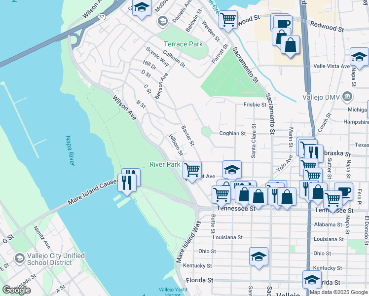 map of restaurants, bars, coffee shops, grocery stores, and more near 110 Hilborn Street in Vallejo