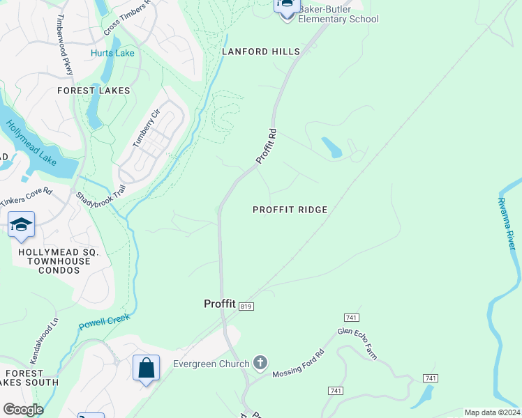 map of restaurants, bars, coffee shops, grocery stores, and more near 2744 Proffit Crossing Lane in Charlottesville
