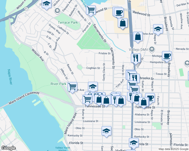 map of restaurants, bars, coffee shops, grocery stores, and more near Carter Street & Craven Street in Vallejo