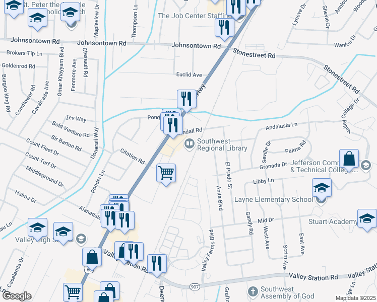 map of restaurants, bars, coffee shops, grocery stores, and more near 9725 Dixie Highway in Louisville