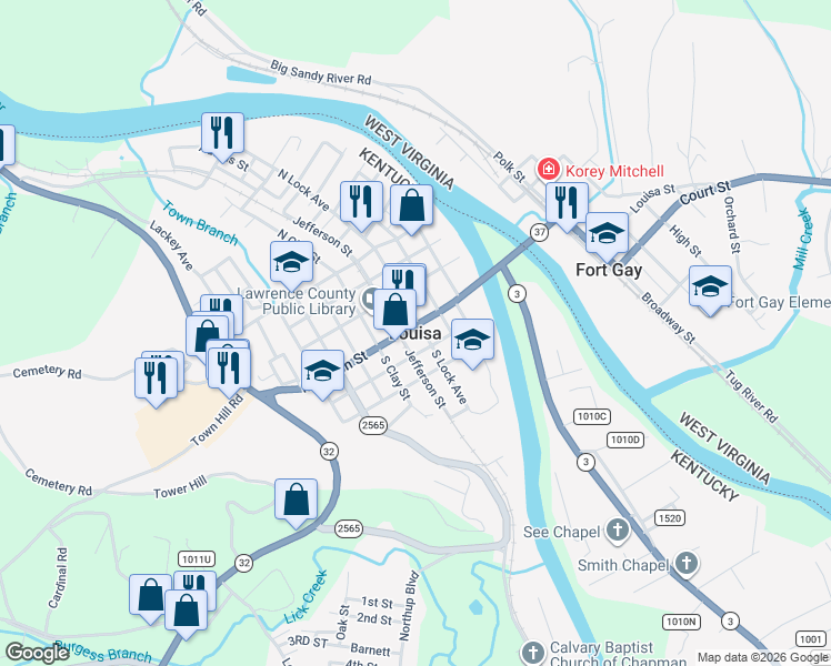 map of restaurants, bars, coffee shops, grocery stores, and more near in Louisa