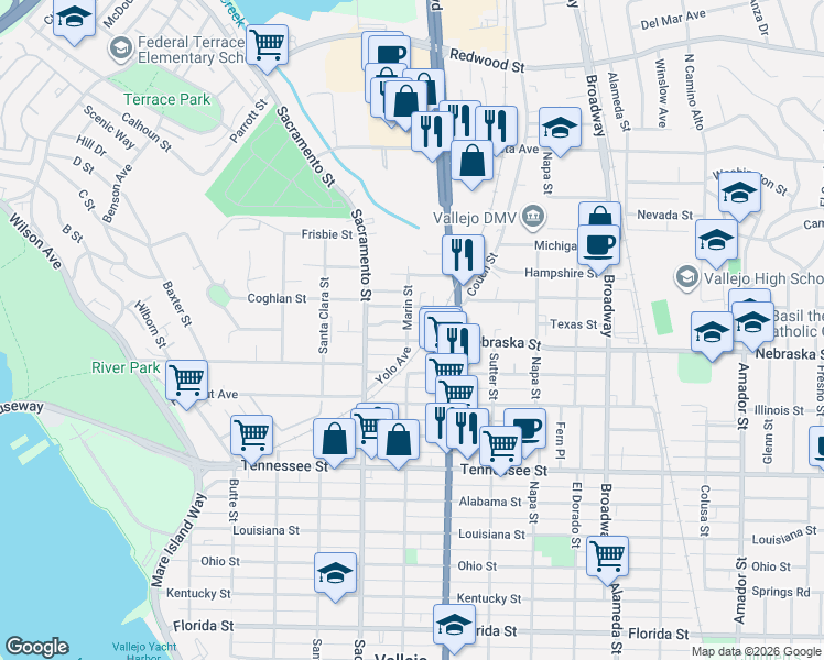 map of restaurants, bars, coffee shops, grocery stores, and more near 1910 Marin Street in Vallejo