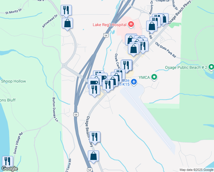 map of restaurants, bars, coffee shops, grocery stores, and more near 2361 Lake Acres in Osage Beach